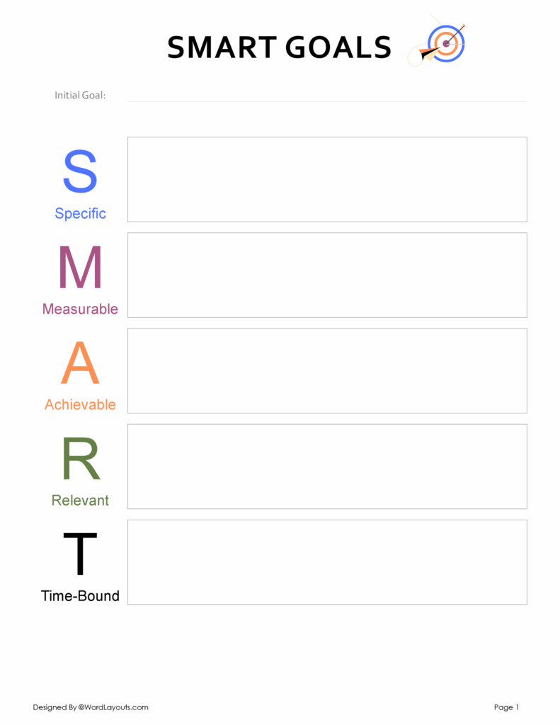 SMART goals worksheet with empty boxes and target icon
