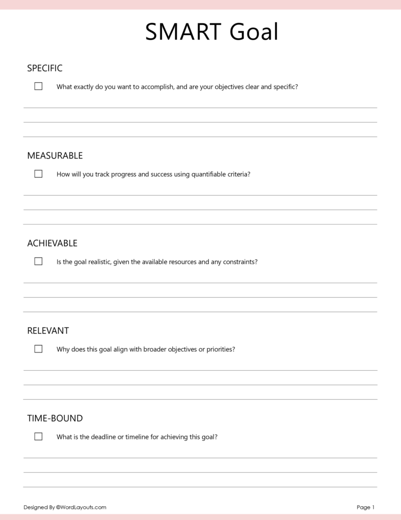SMART goal worksheet with sections and blank lines
