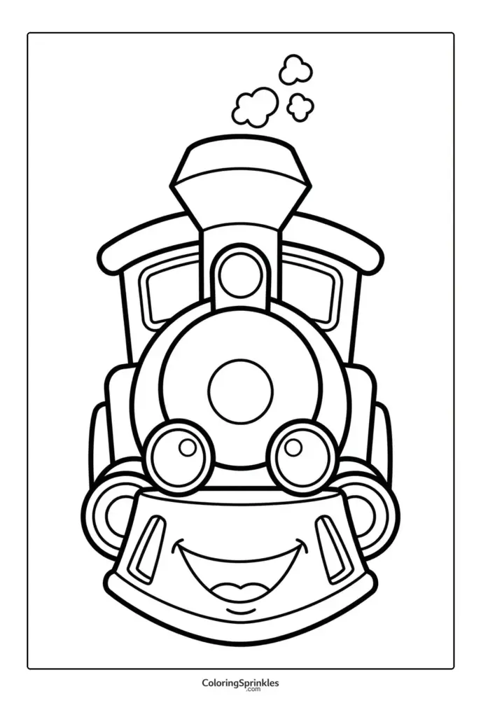 Black-and-white cartoon train face coloring page