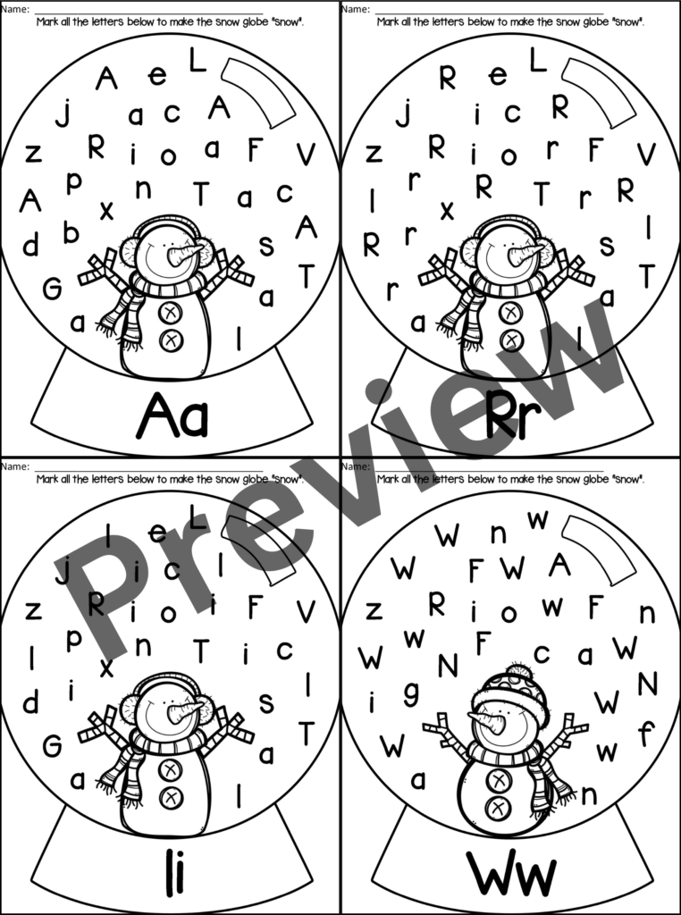 Four snow globe letter worksheets in a grid layout
