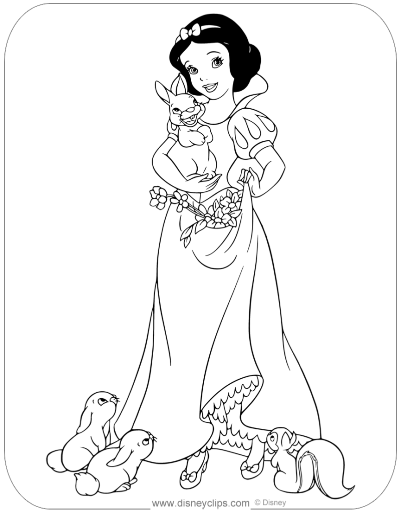 Snow White holding a bunny, with three animals below