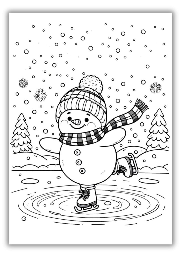 Snowman ice skating in snowy winter scene