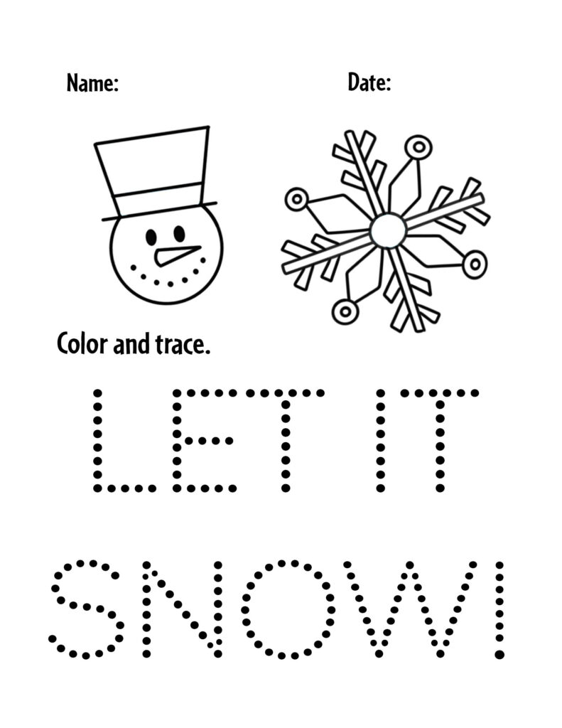 Winter worksheet with snowman, snowflake, and dotted letters