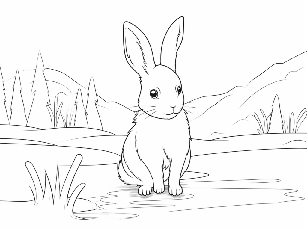 Line drawing of a rabbit standing by a pond, mountains behind