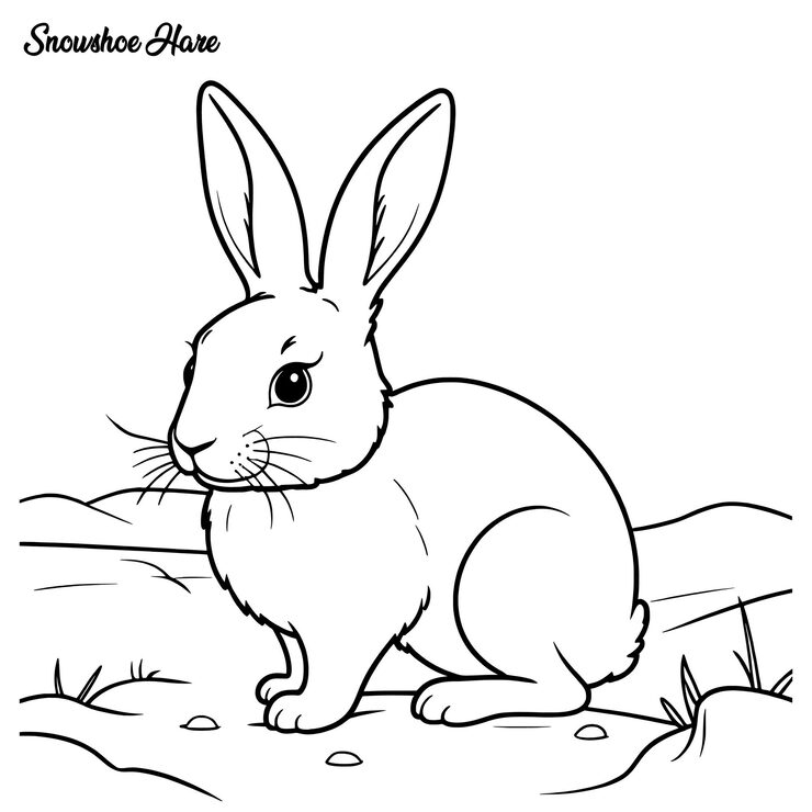 Line drawing of a snowshoe hare sitting on snow