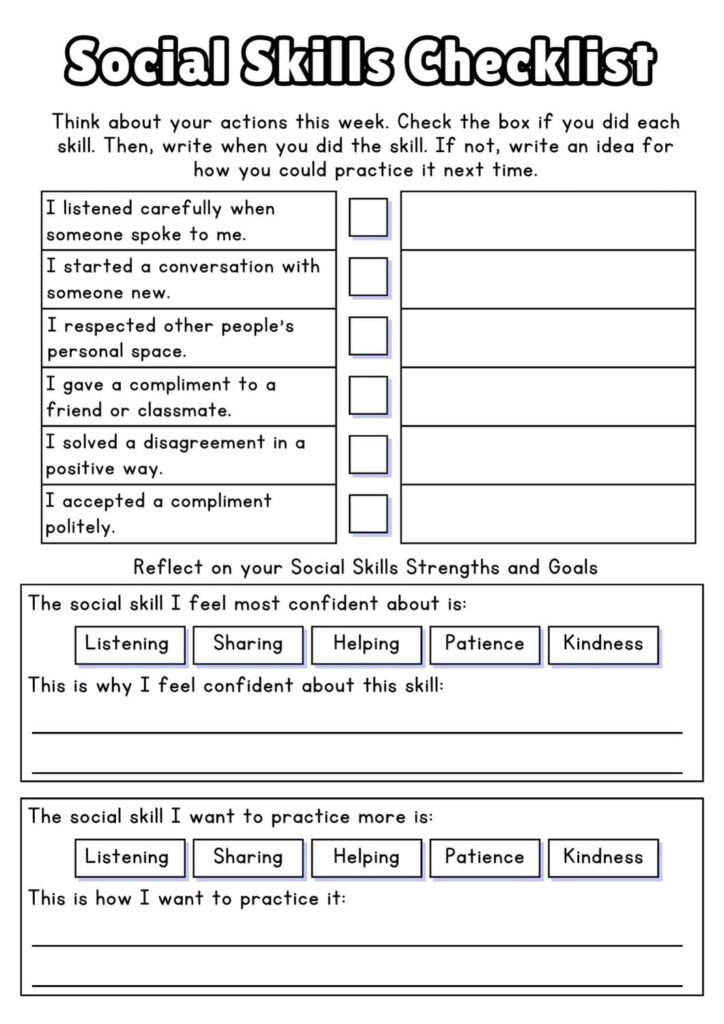 Social skills checklist worksheet with checkboxes and lines