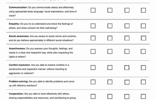 Social skills worksheet with checkboxes and prompts