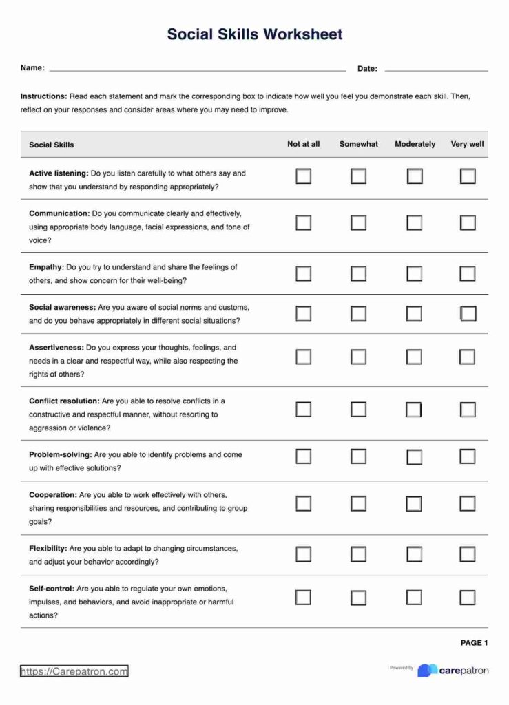 Social skills worksheet with checkboxes and prompts