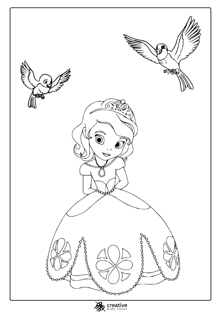 Line drawing of princess with two birds above her