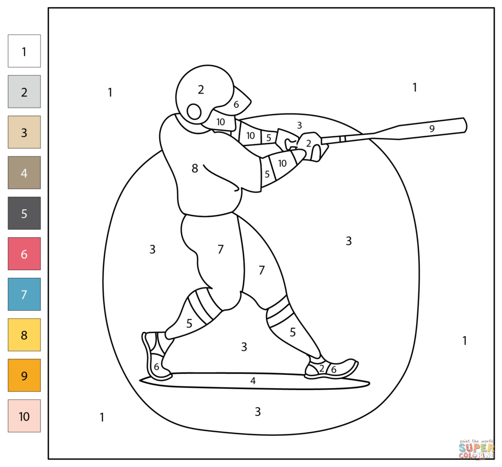 Numbered baseball batter coloring page with color key