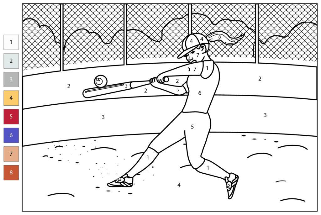 Numbered softball coloring page showing batter swinging at ball