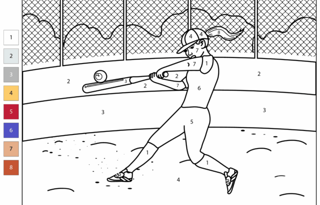 Numbered softball coloring page showing batter swinging at ball