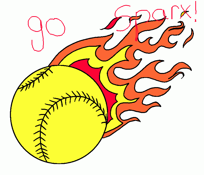 Yellow softball with orange flames and red lettering
