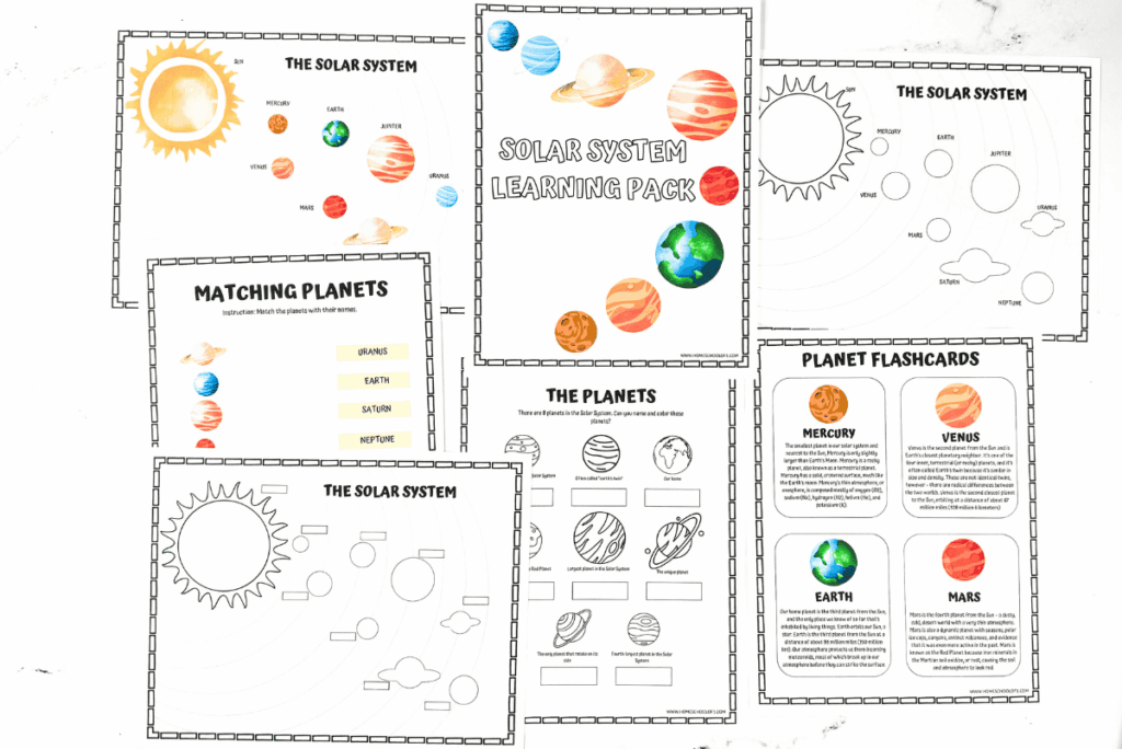 Solar system learning pack worksheets collage with planets