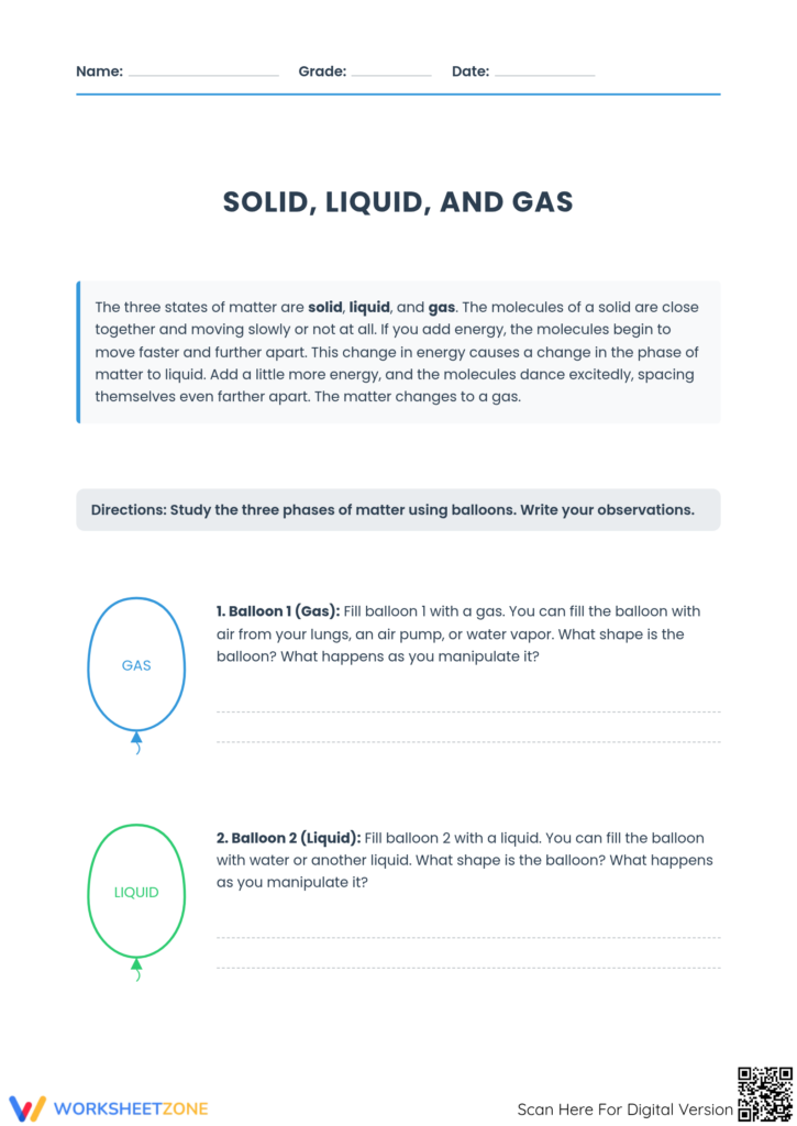 Solid liquid gas science worksheet with balloon diagrams