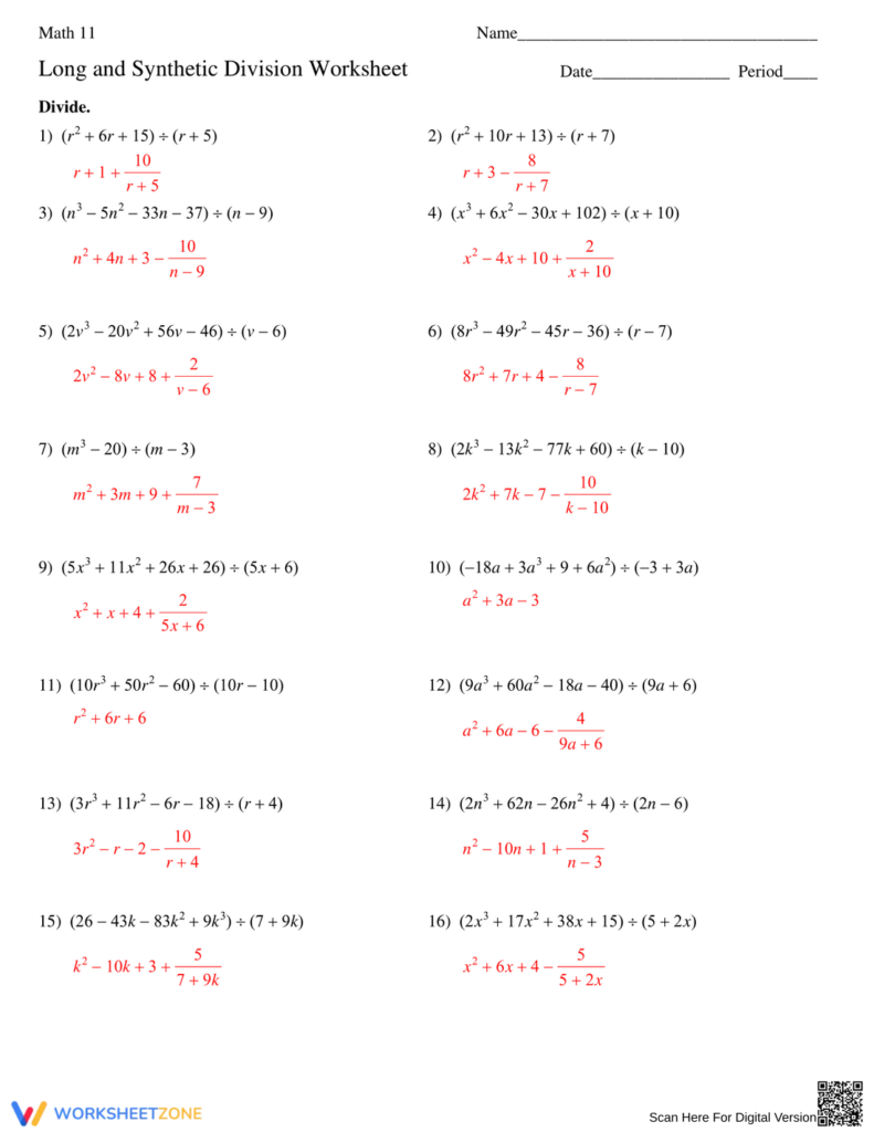 Math 11 synthetic division worksheet with problems and answers