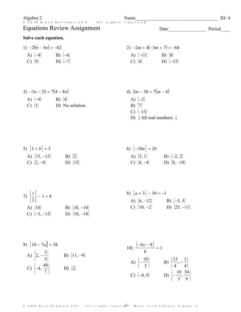 Printed Algebra 2 equations worksheet with multiple choice problems