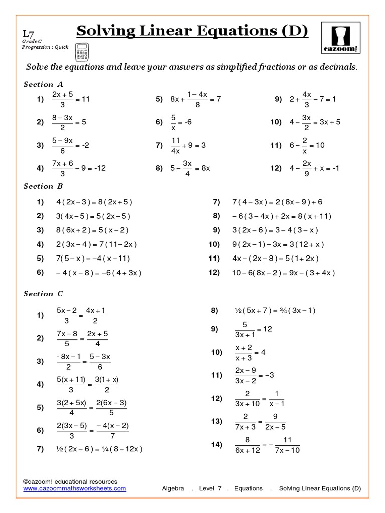 Printable algebra worksheet titled Solving Linear Equations (D)