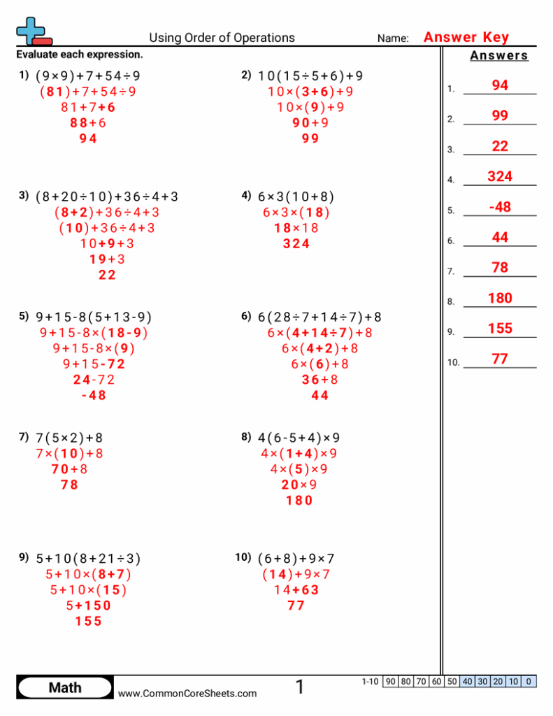 Order of operations math worksheet answer key page