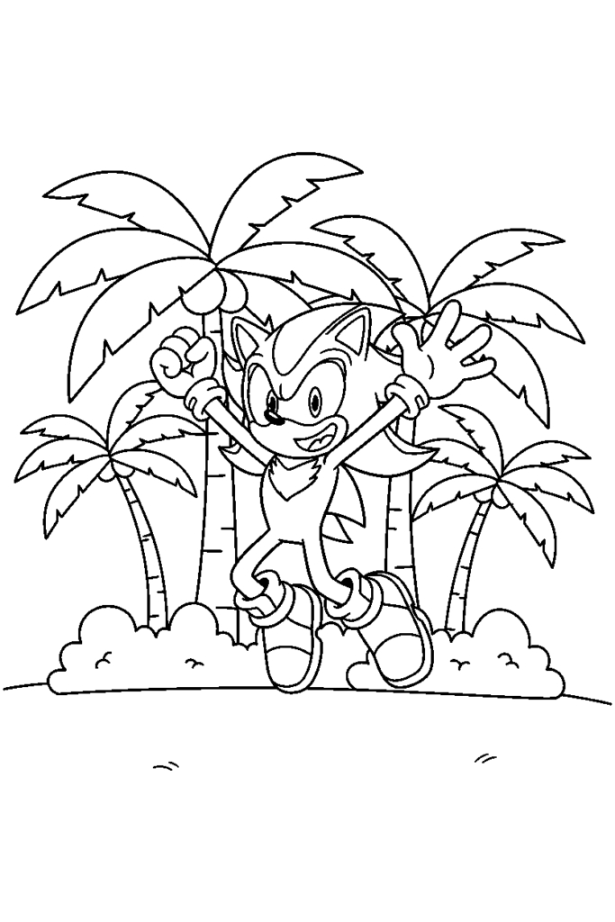Cartoon hedgehog jumping in tropical palm trees
