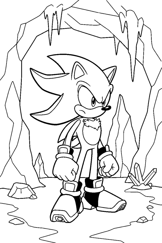 Line drawing of Sonic the Hedgehog standing in a cave