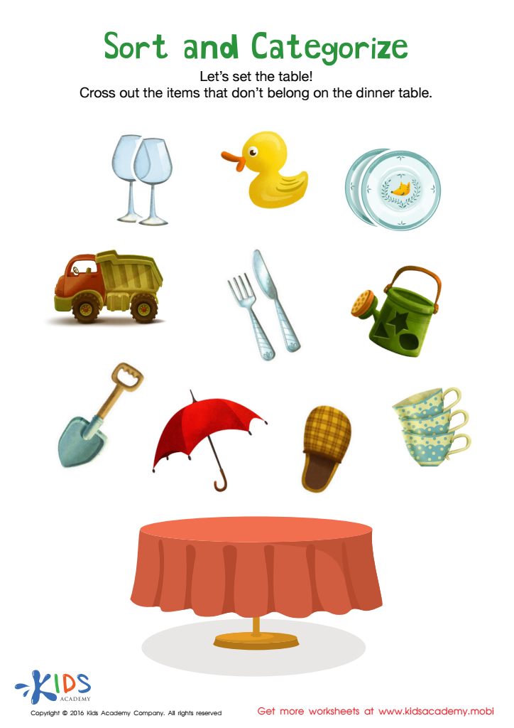 Sorting worksheet with tableware and random items