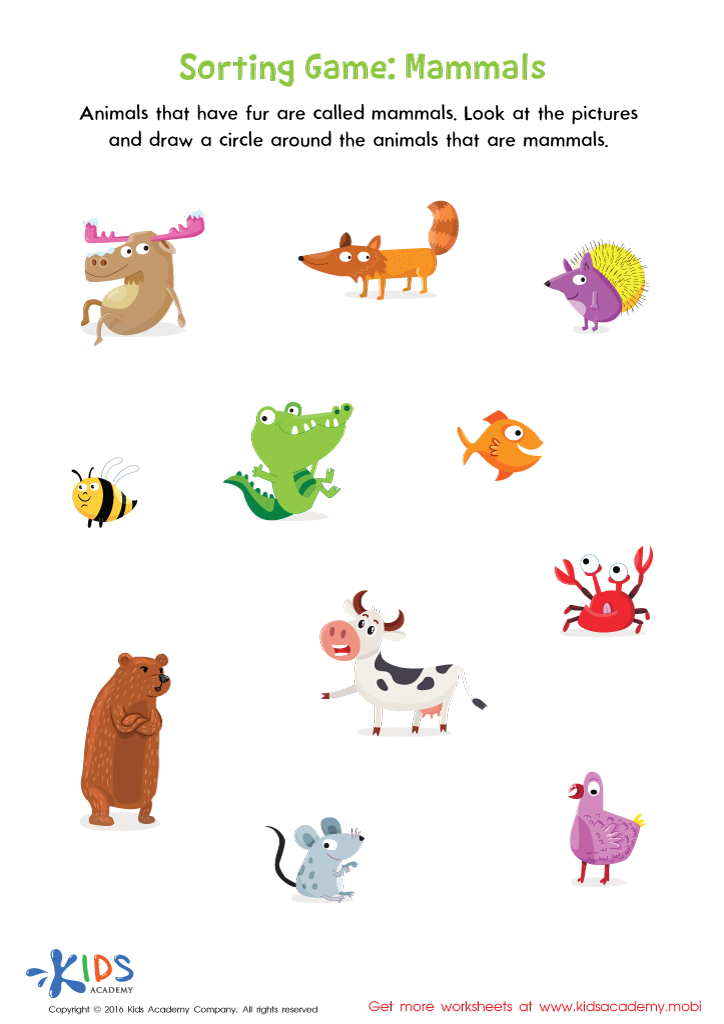 Animal sorting worksheet with cartoon mammals and nonmammals