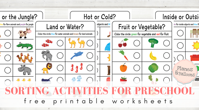 Printable preschool sorting worksheets with colorful picture categories