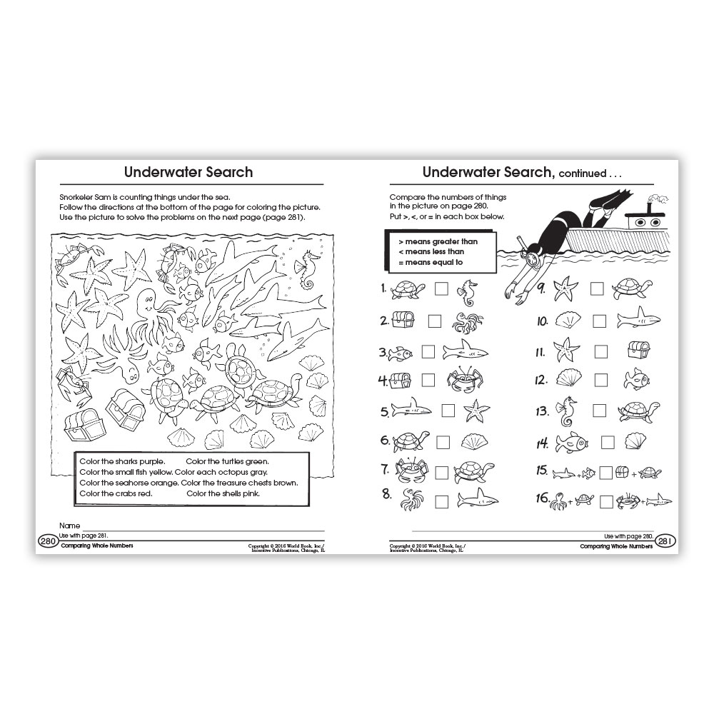 Open workbook pages with underwater search activities