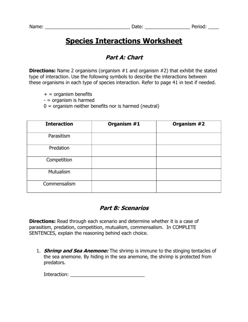 Species Interactions Worksheet with chart and scenario text