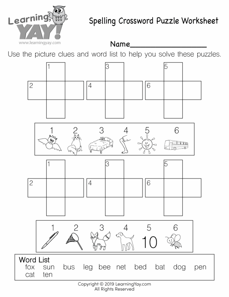 Spelling crossword puzzle worksheet with word list and pictures