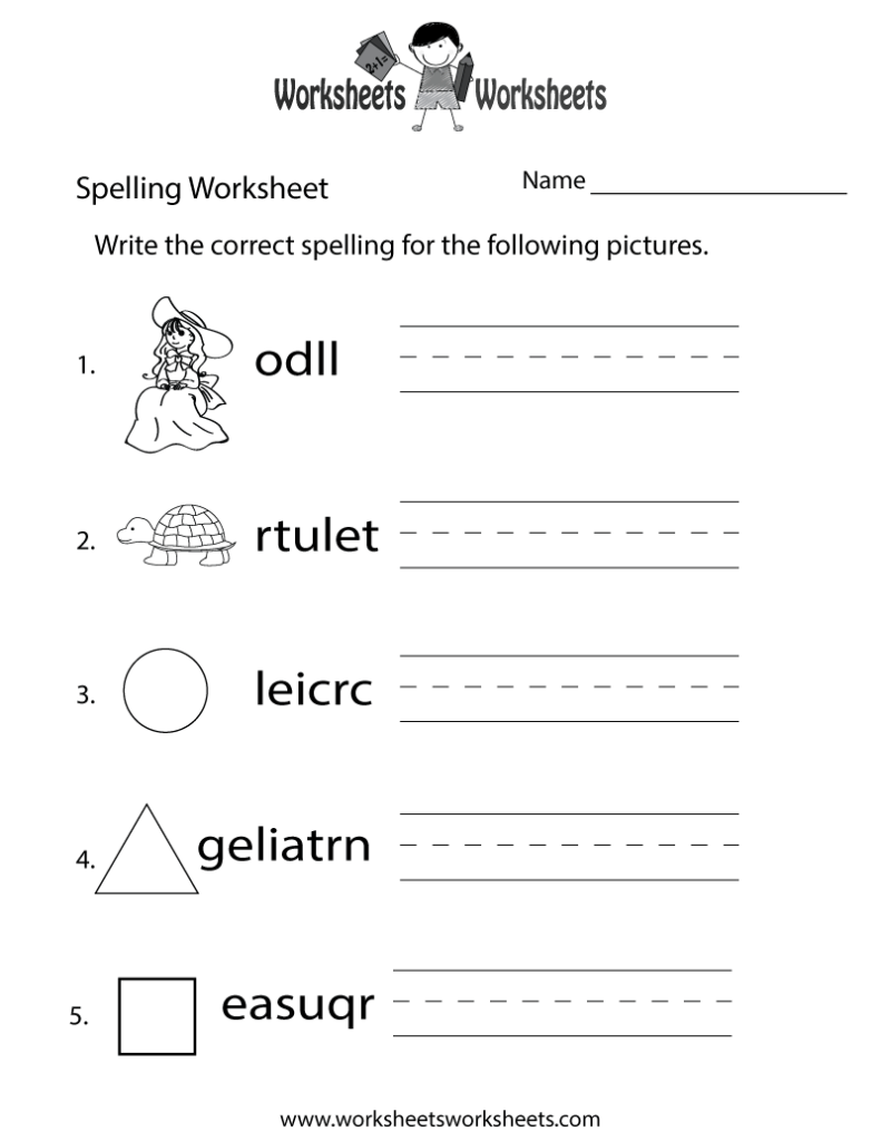 Spelling worksheet with pictures and scrambled words