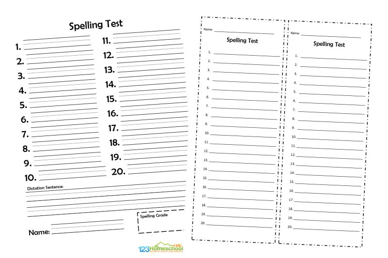 Printable spelling test worksheets with numbered lines