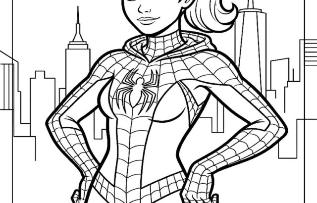 Spider-Gwen coloring page with city skyline background