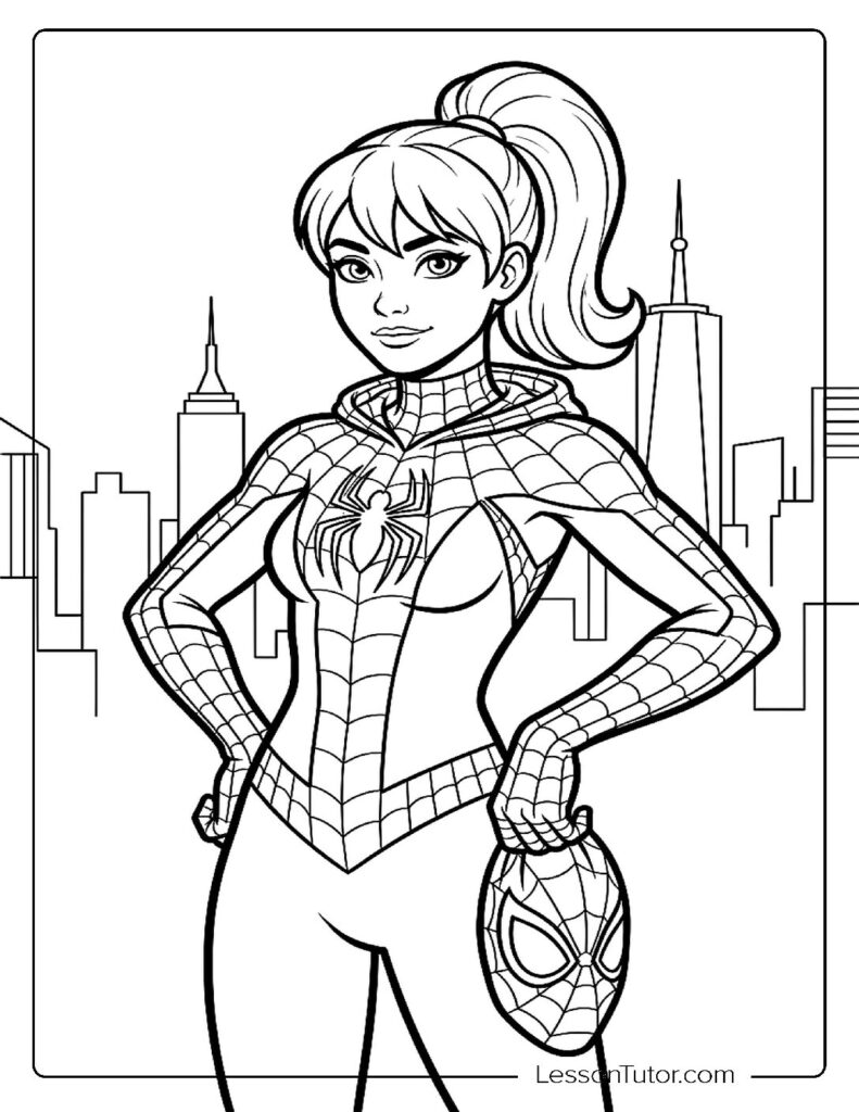 Spider-Gwen coloring page with city skyline background