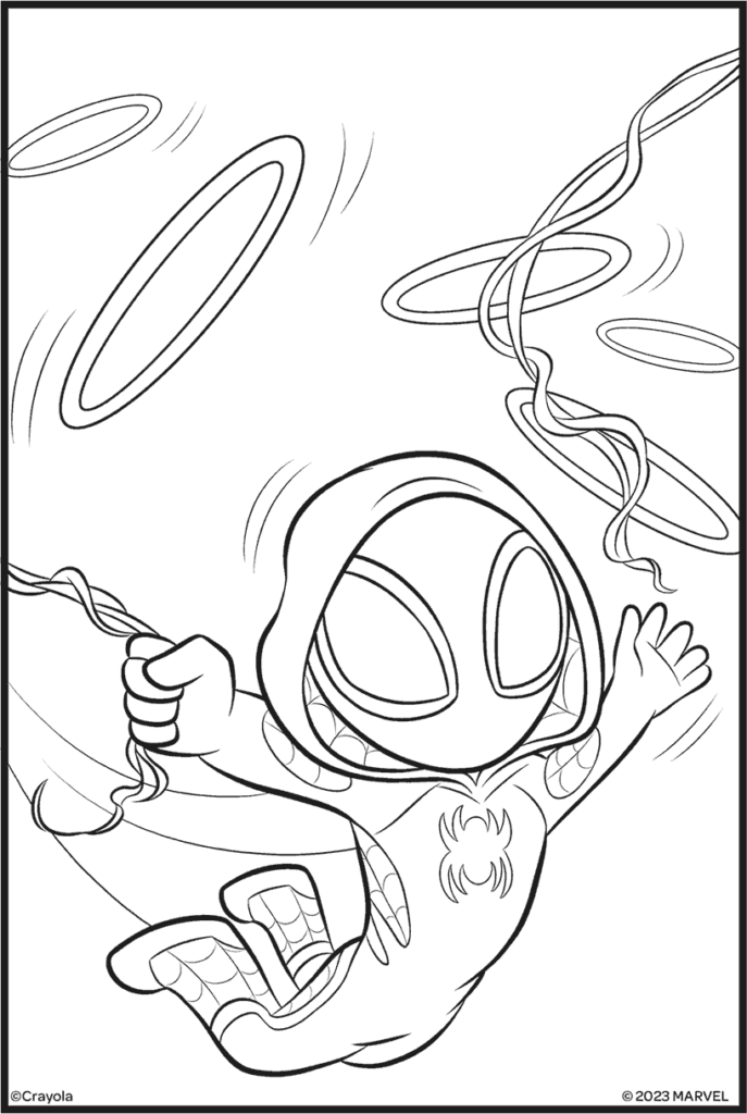 Black-and-white Spider-Gwen coloring page with floating rings