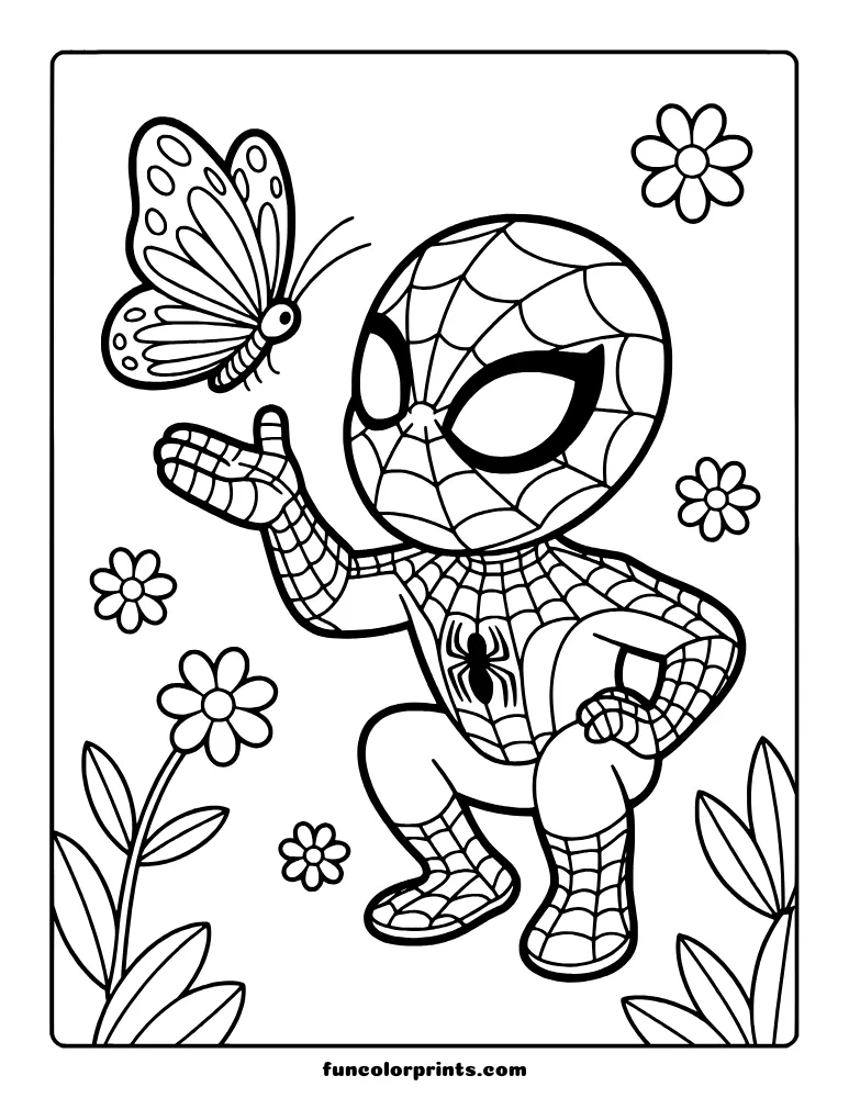Spider-Man coloring page with butterfly and flowers