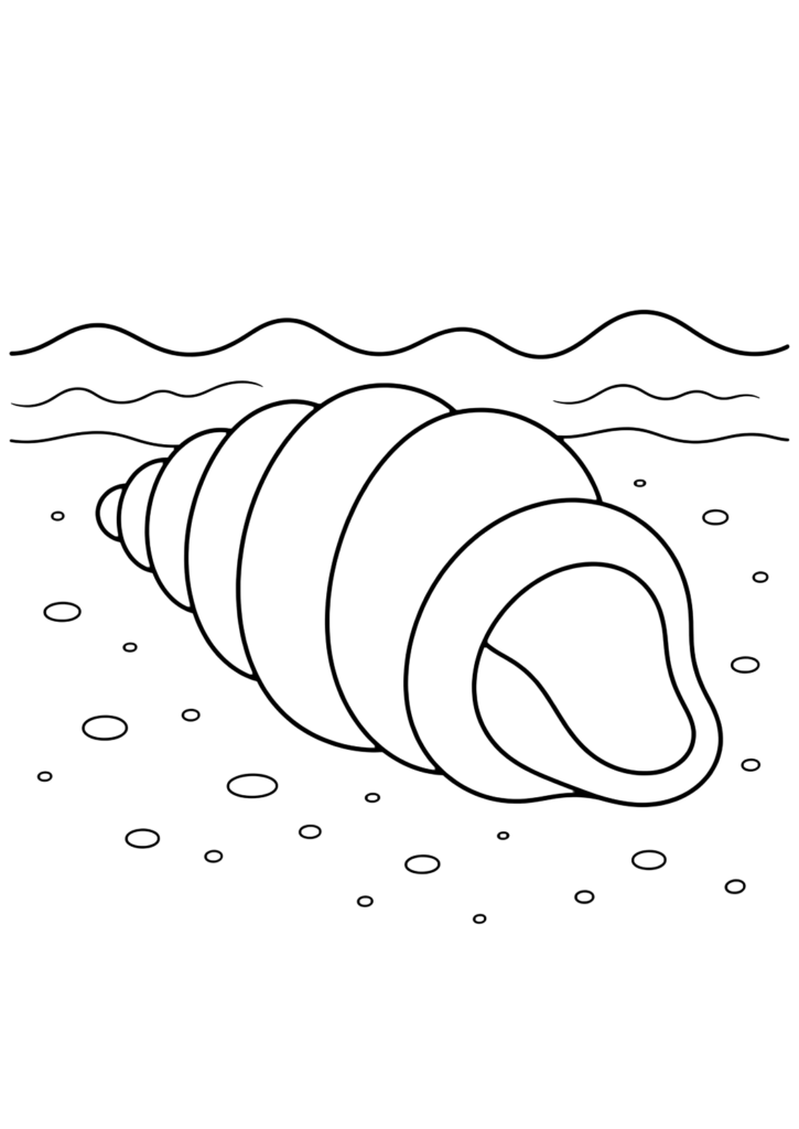 Black outlined seashell underwater with bubbles and waves