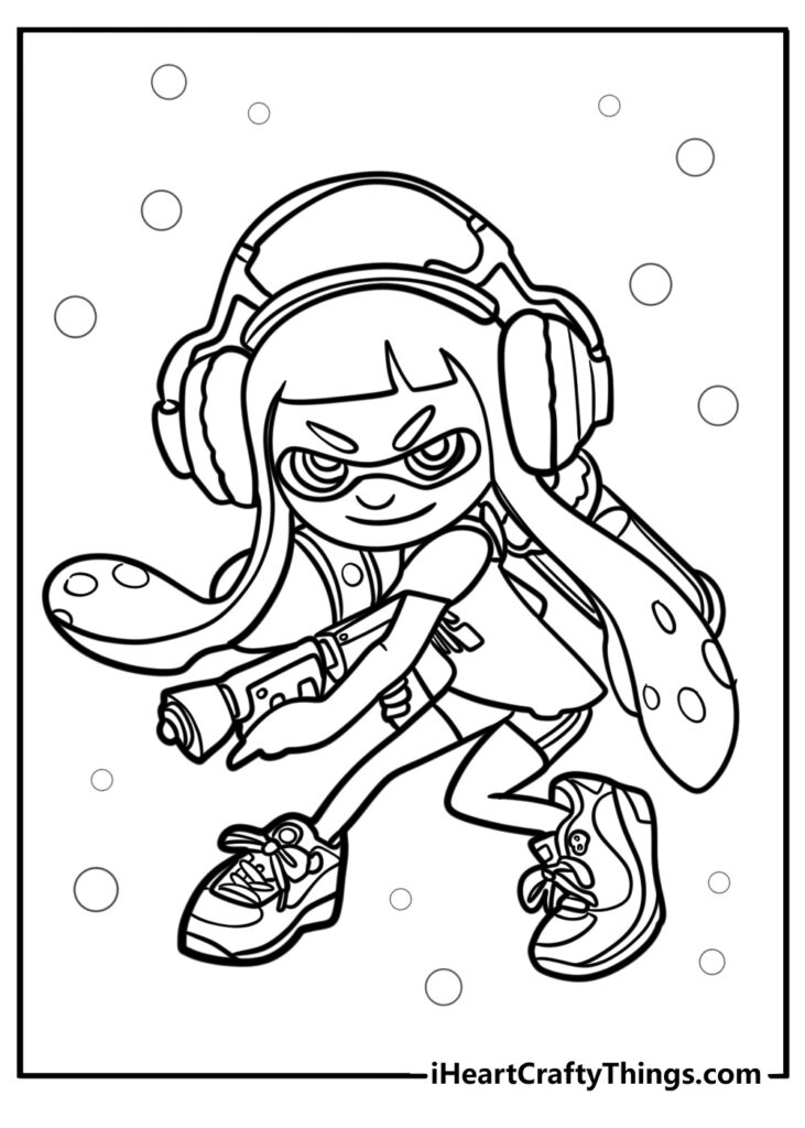 Cartoon girl with headphones holding a paint gun