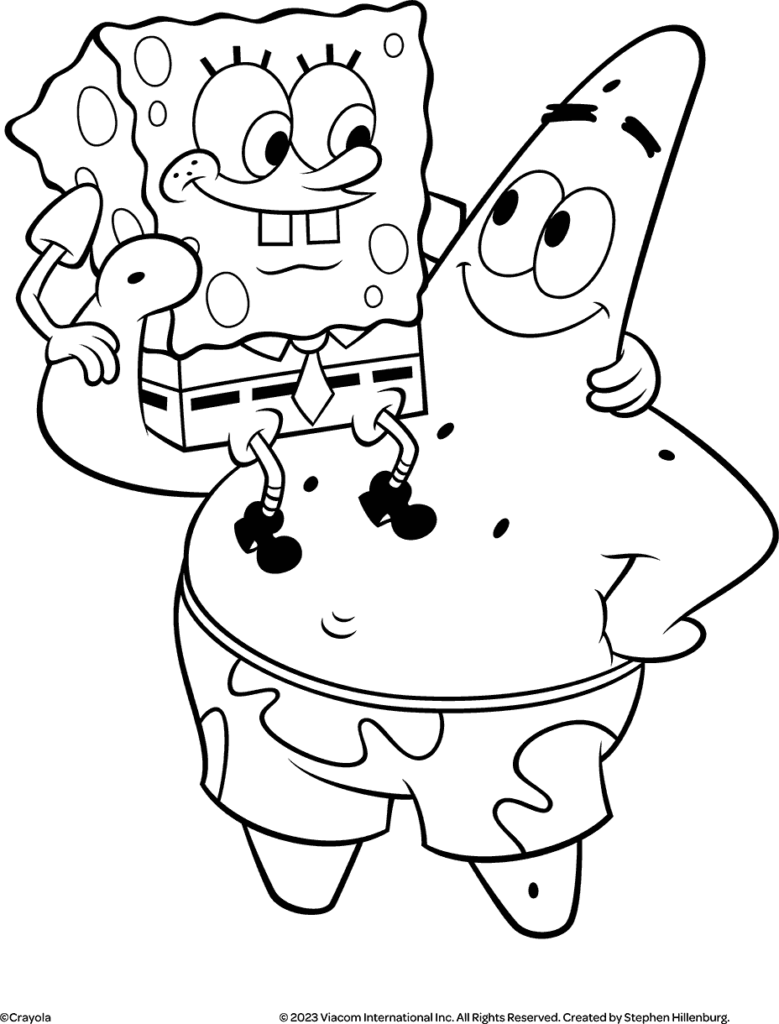 SpongeBob riding on Patrick Star’s back, black-and-white drawing