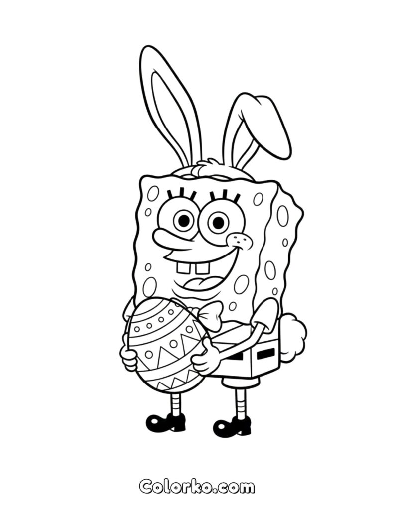 SpongeBob holding decorated Easter egg, wearing bunny ears
