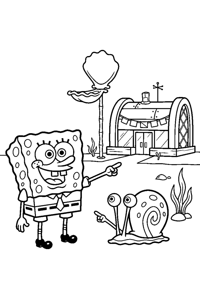 Cartoon sponge pointing beside snail and building