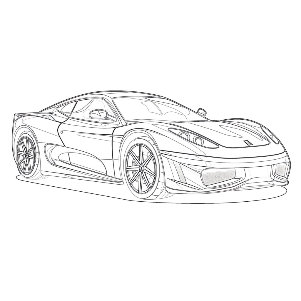 Line drawing of a sleek sports car, front view