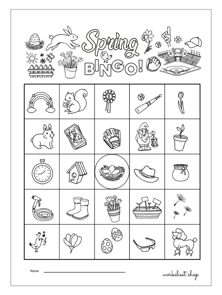 Black-and-white spring bingo worksheet with illustrated icons grid