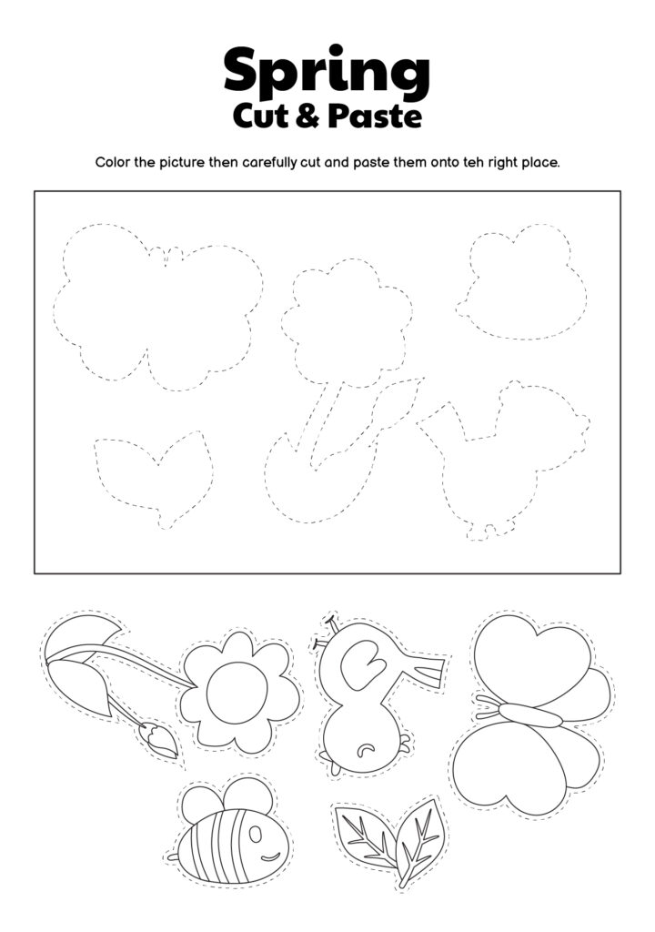 Spring cut-and-paste worksheet with spring shapes and outlines