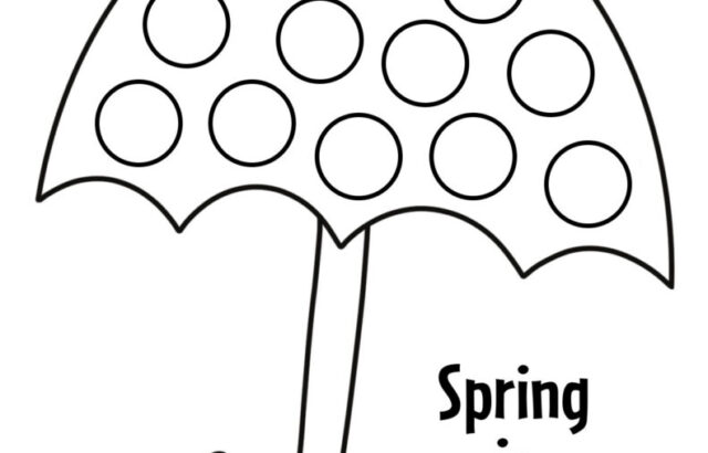 Outlined umbrella with dots and Spring is here text