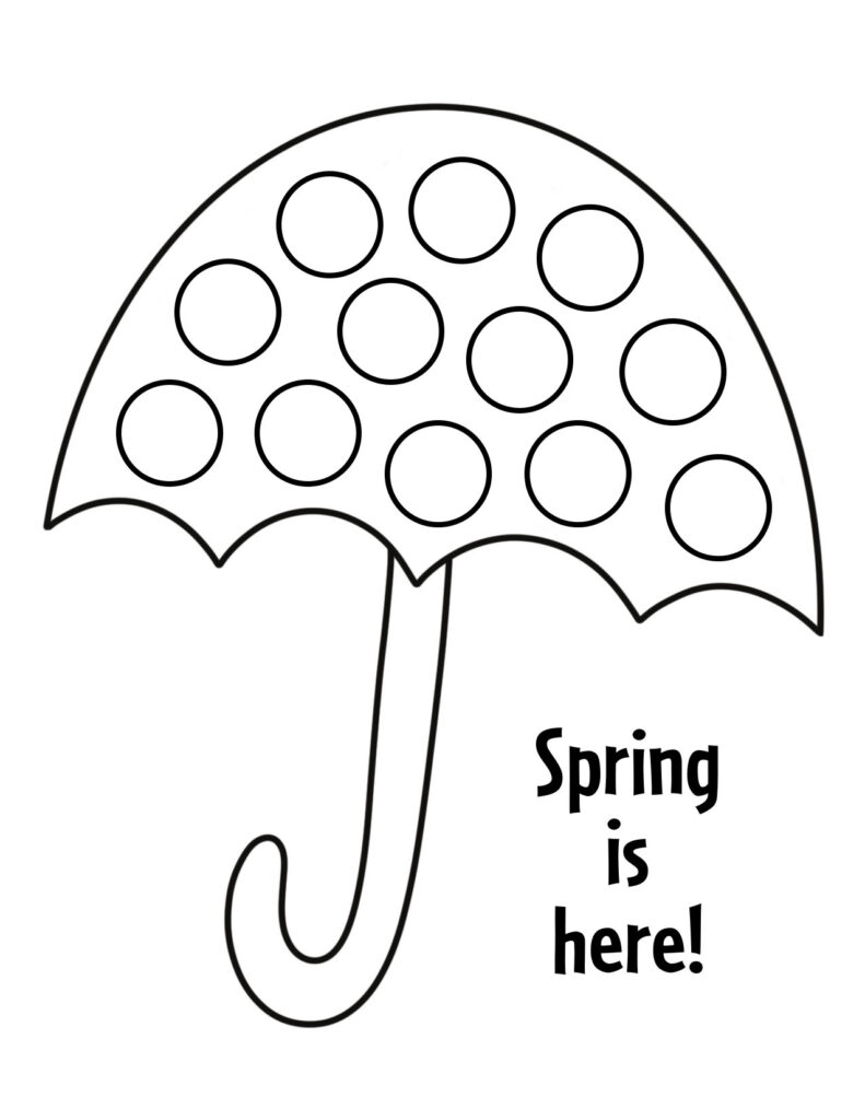Umbrella with polka dots and spring is here text