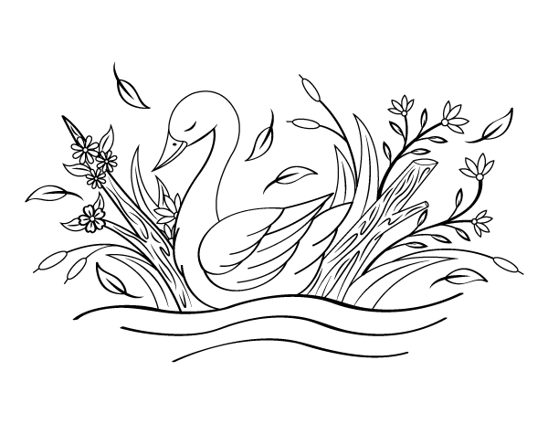 Line drawing of a swan among flowers and leaves