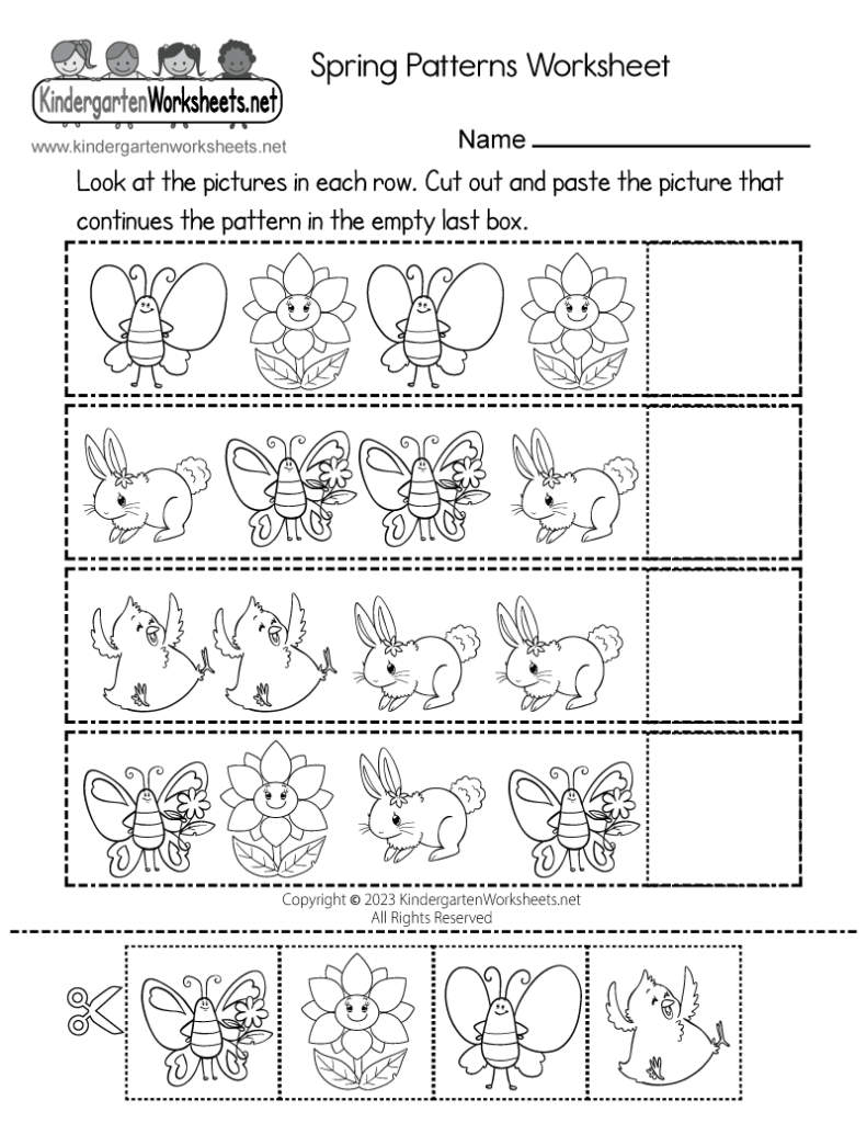 Spring patterns worksheet with insects, bunny, chick icons
