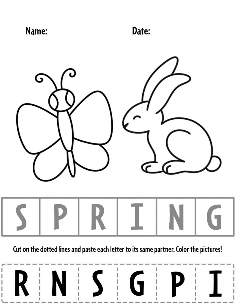 Spring worksheet with butterfly, rabbit, and letter boxes
